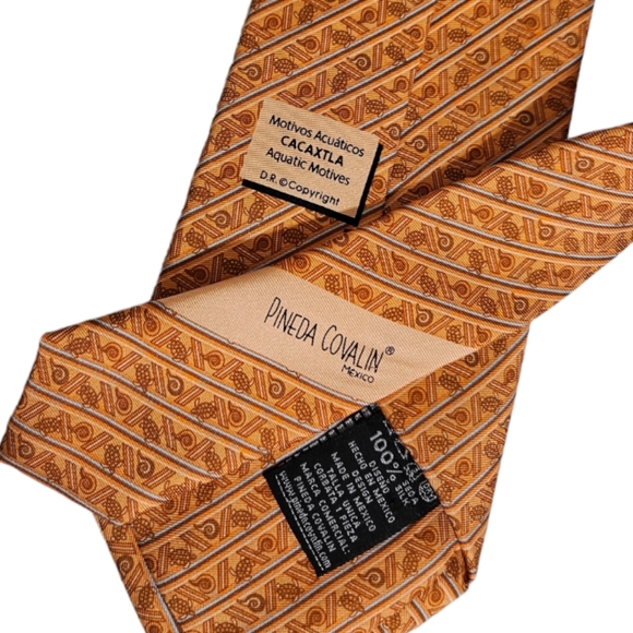 PINEDA COVALIN Orange Aquatic Motives Silk LUXURY Tie MEXICO - Picture 4 of 5